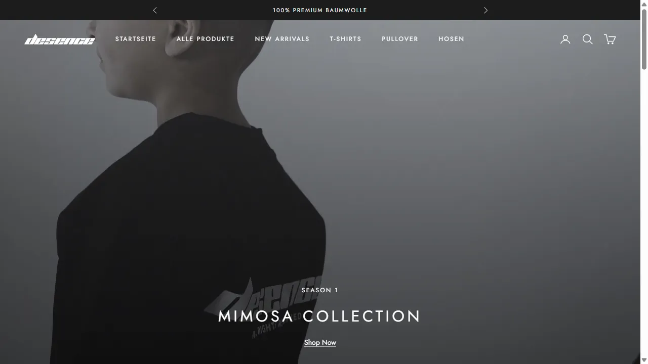 Screenshot der Website Desence Clothing